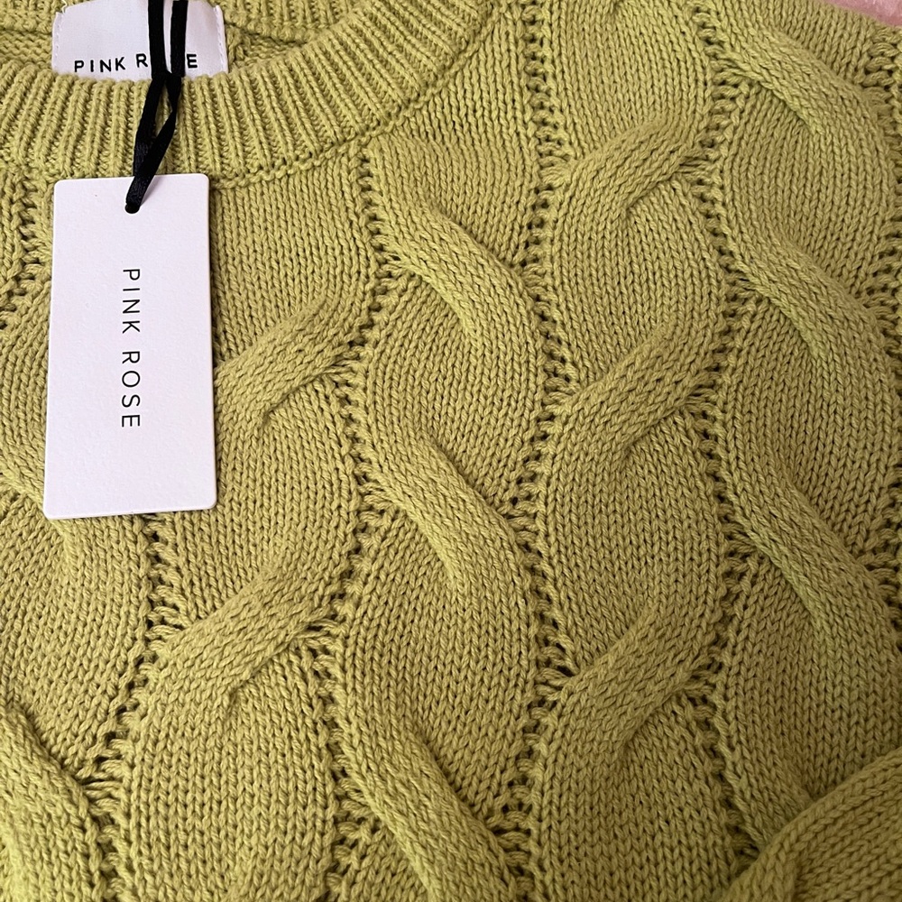 Pink Rose Cable Knit Crewneck Sweater in Chartreuse